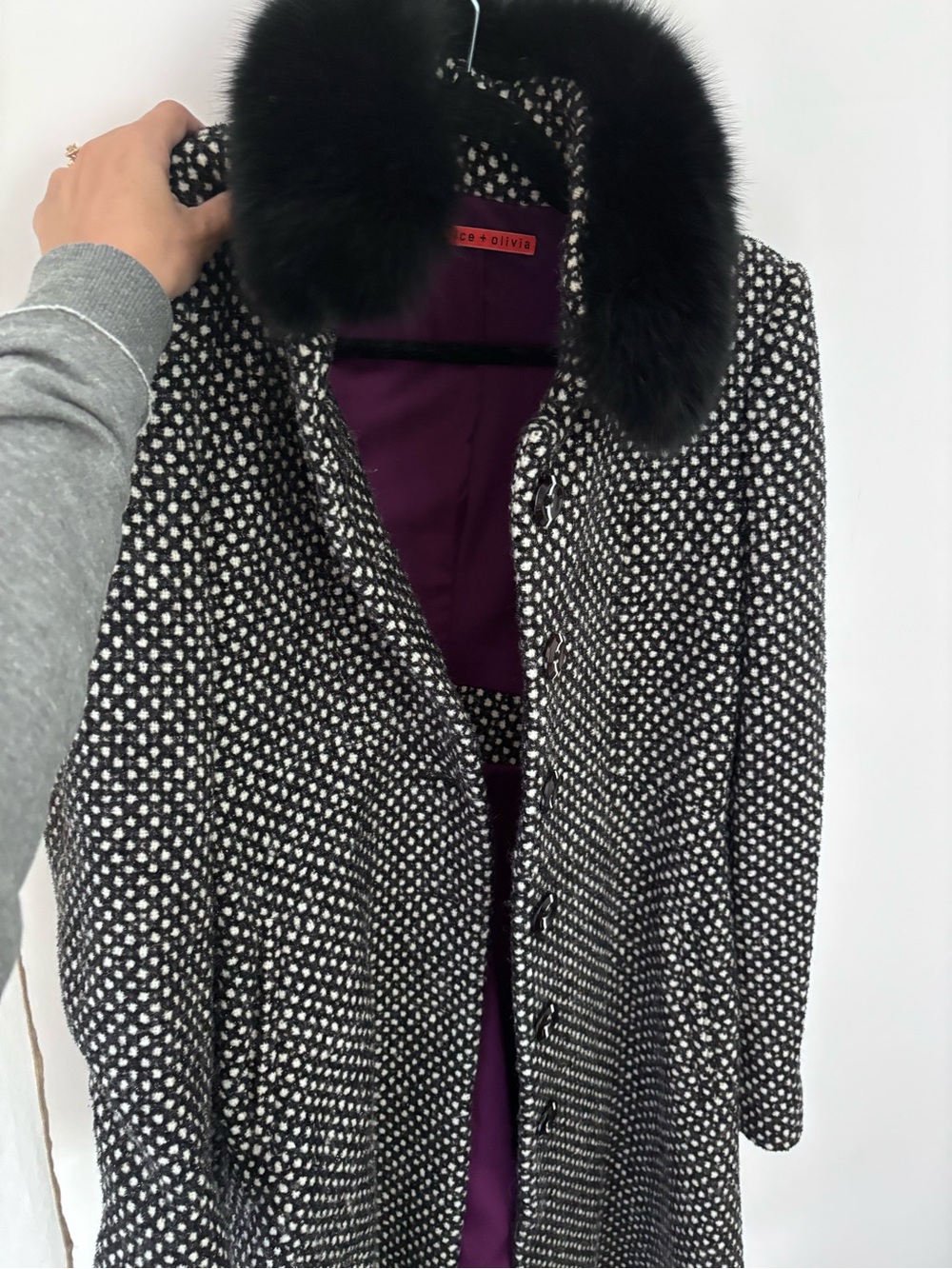 Alice + Olivia Black and White Tweed Trench Coat with Black Fur Collar